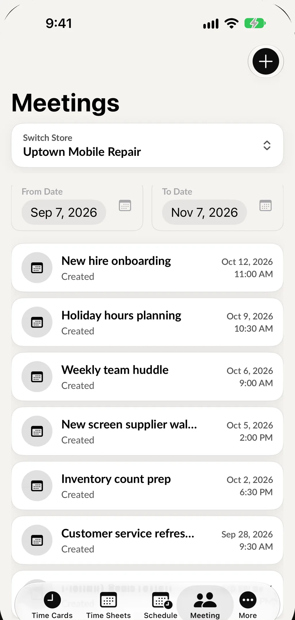 Meetings in Employee Manager on iPhone: upcoming and past team meetings with dates.