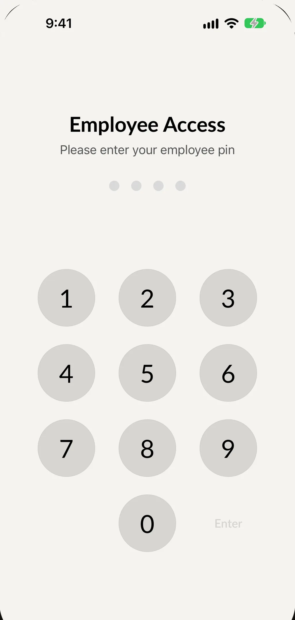 Employee Access in Employee Manager on iPhone: a keypad to enter an employee PIN.