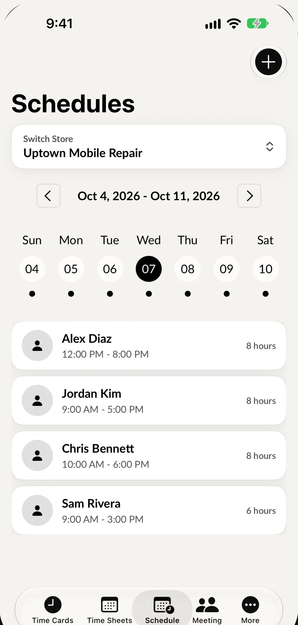 Schedules in Employee Manager on iPhone: the week of October 4 with each person's shift for the day.