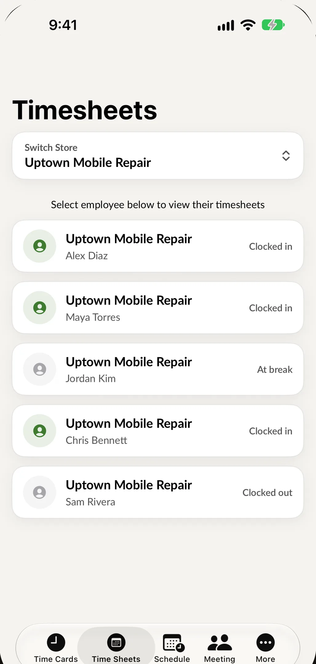 Timesheets in Employee Manager on iPhone: each employee marked Clocked in, At break or Clocked out.