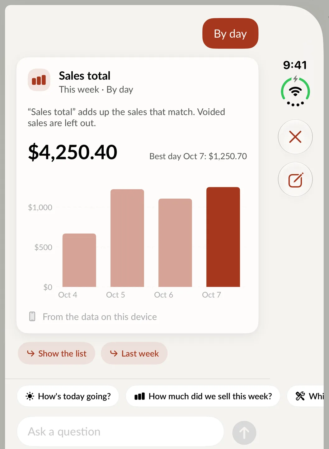 Ask your shop on iPhone Duo, showing a sales total and a bar chart by day.