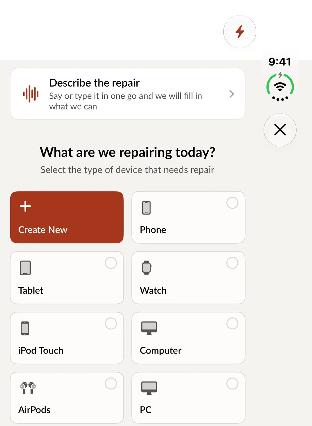 Create Repair on iPhone Duo, with Describe the repair above the device types.