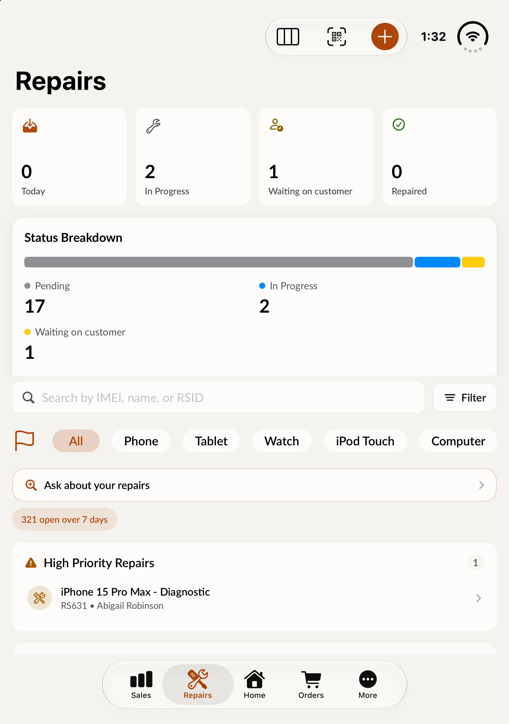 The Repairs screen on an open iPhone Duo: today's counts, the status breakdown, search, filters and high priority repairs.