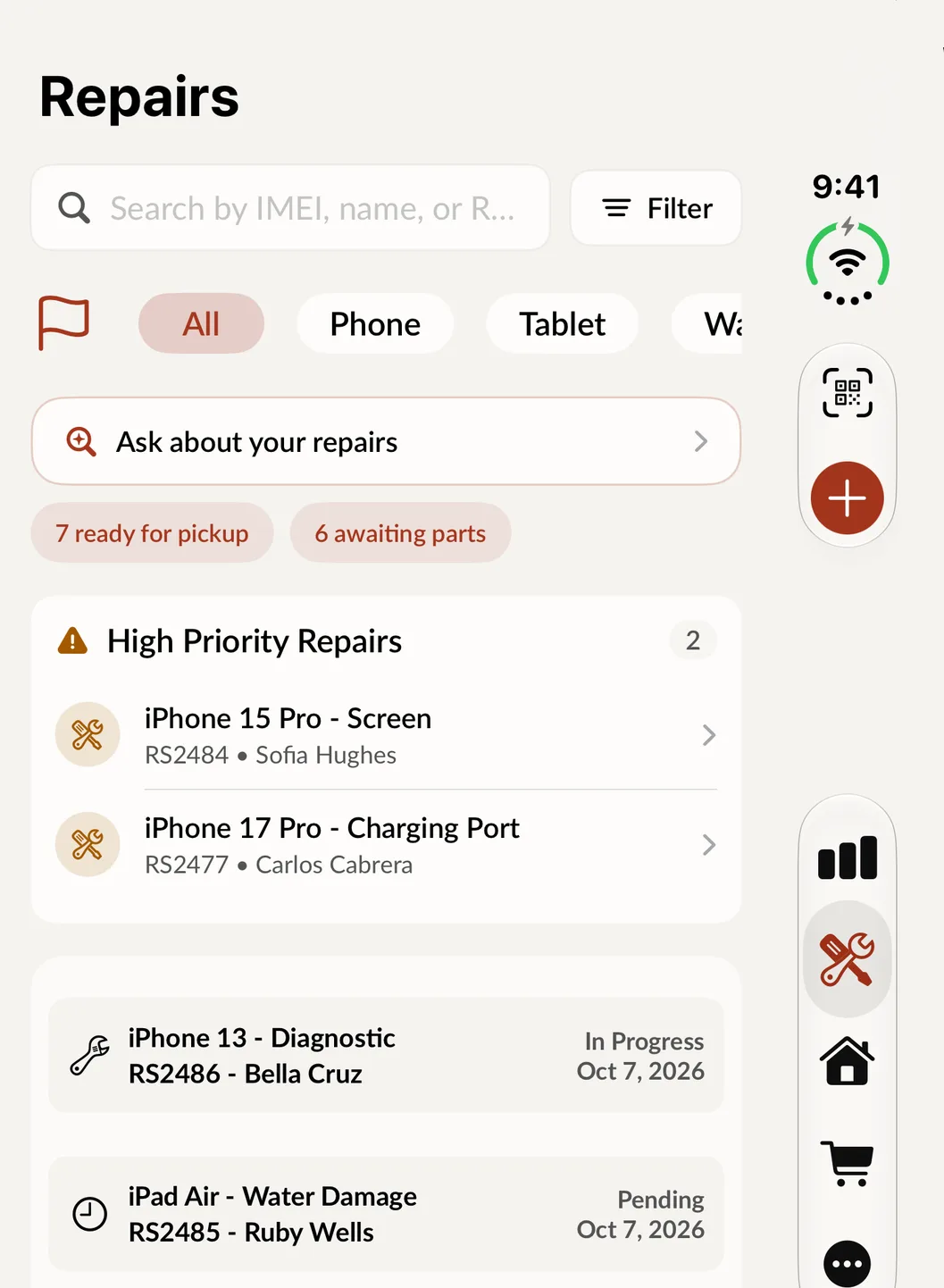 The Repairs screen on iPhone Duo: filters, high priority repairs and open tickets, with the navigation along the right edge.