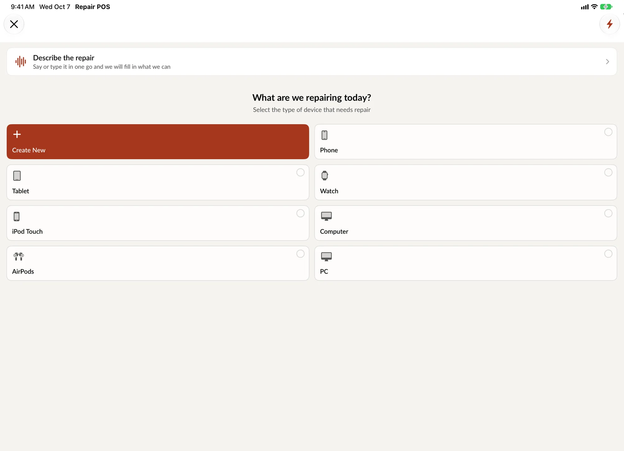 Create Repair on iPad: Describe the repair above the device types.