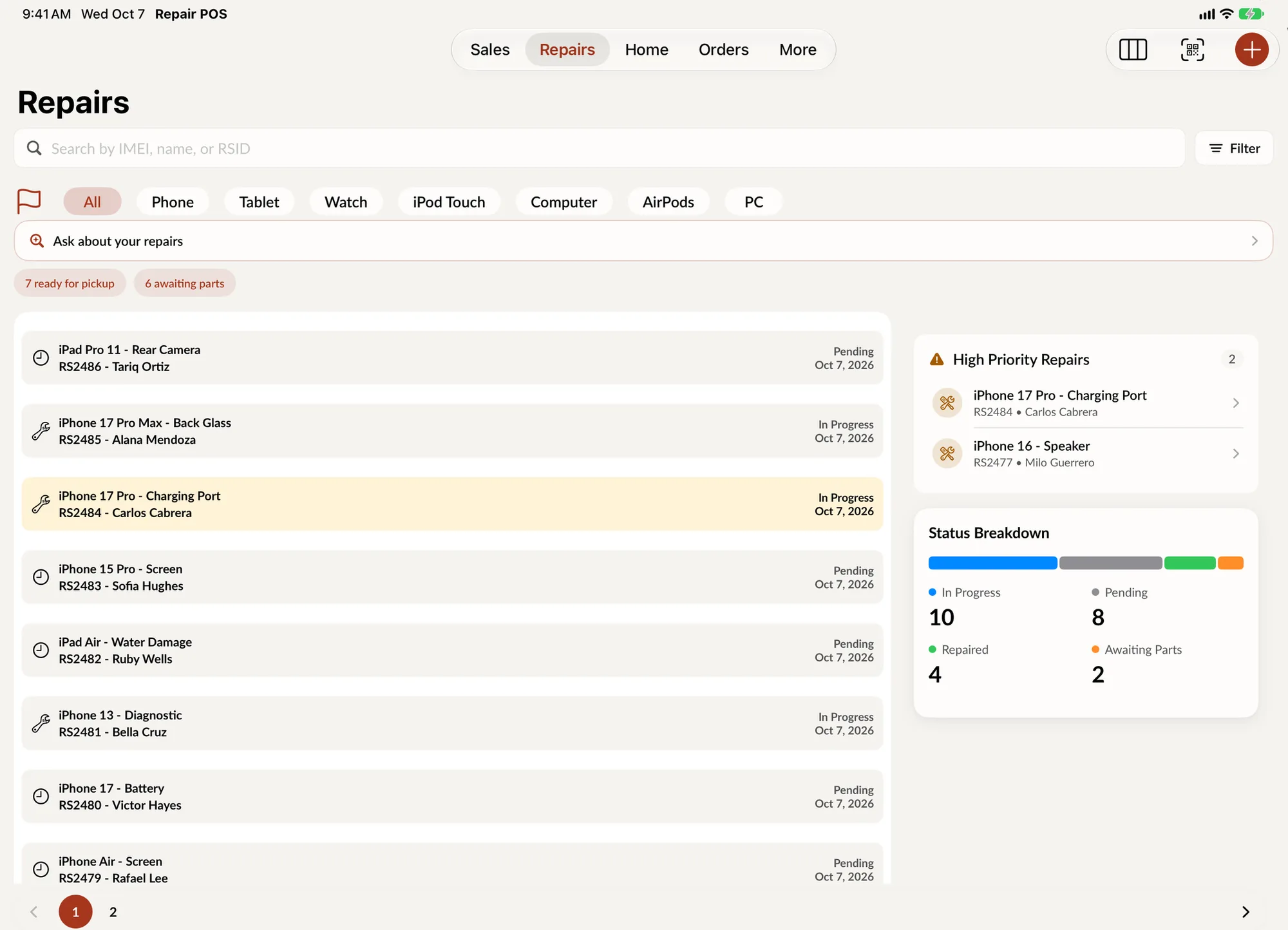 The Repairs screen on iPad: the list of open tickets beside high priority repairs and a status breakdown.