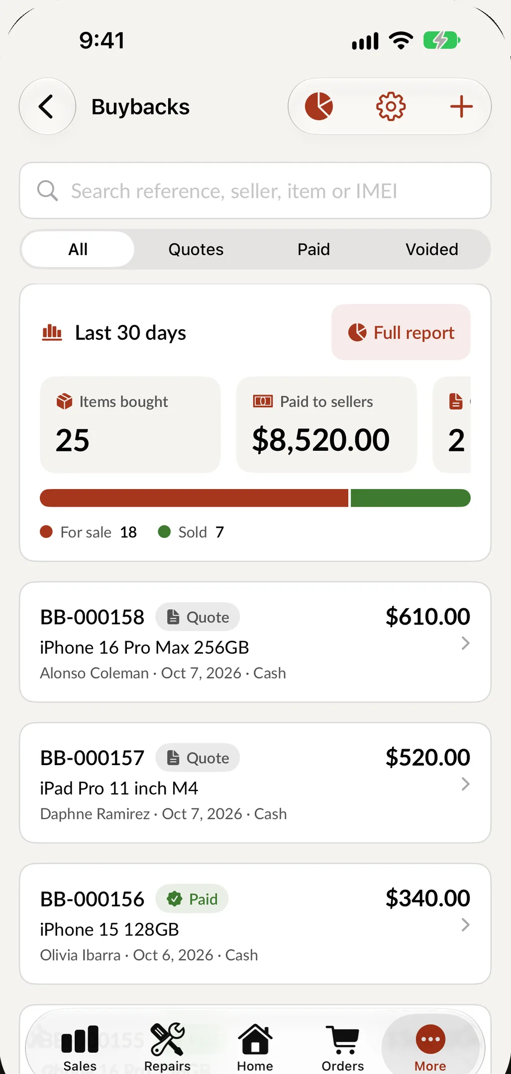 Buybacks on iPhone: totals for the last 30 days, items for sale and sold, and a list of buybacks marked Quote or Paid.