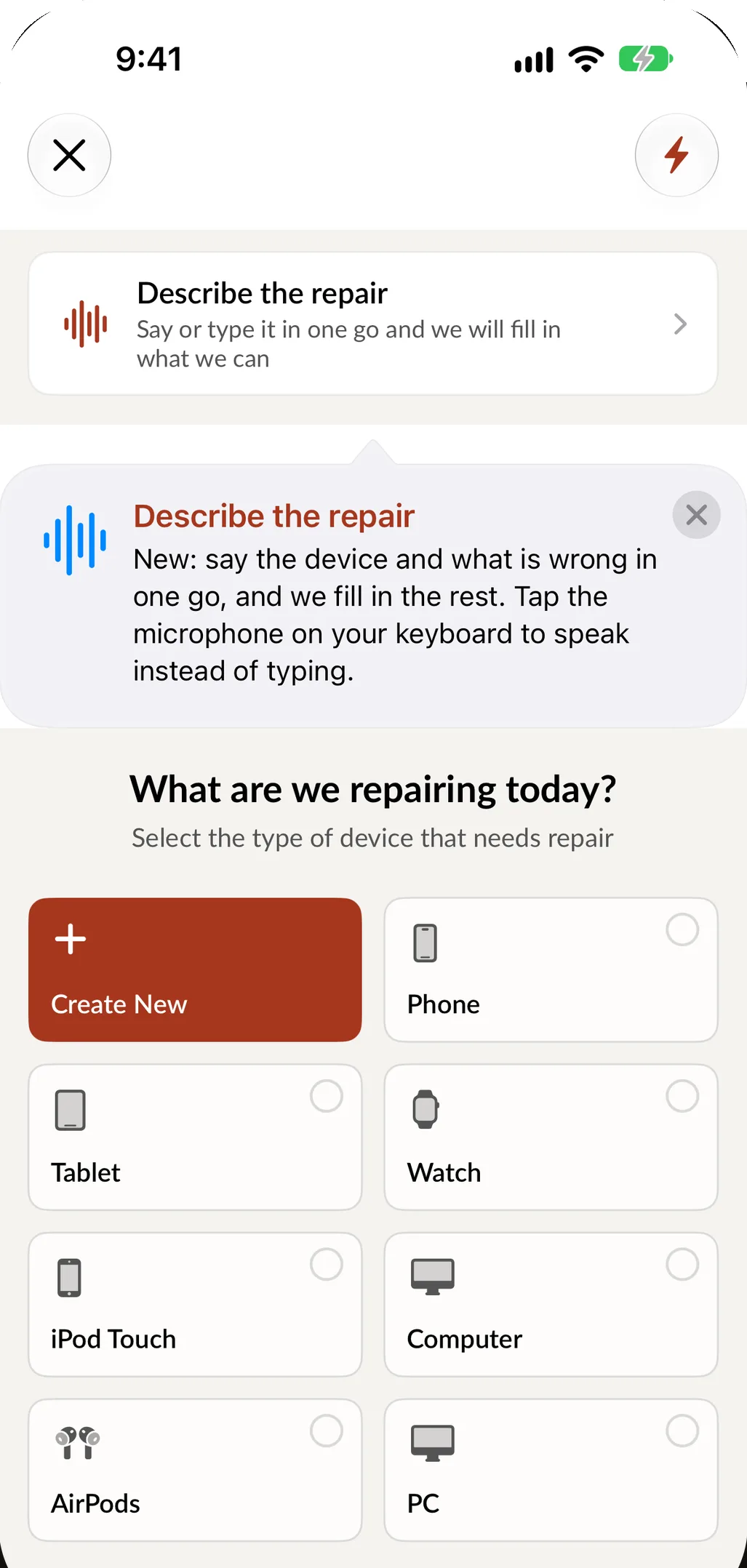 Create Repair on iPhone: Describe the repair at the top, then What are we repairing today with device types to choose from.