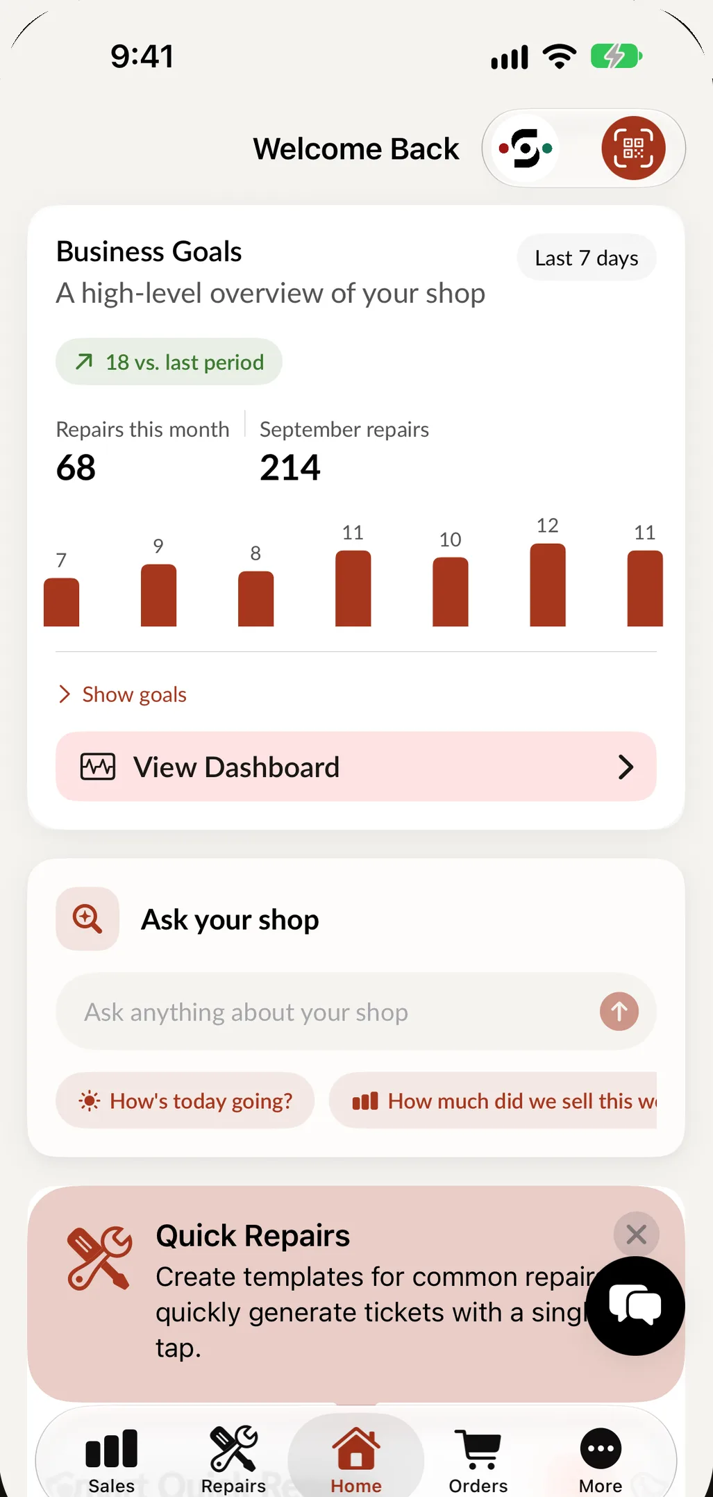 SpotsPOS Repair home screen on iPhone: business goals for the last 7 days, Ask your shop and Quick Repairs.