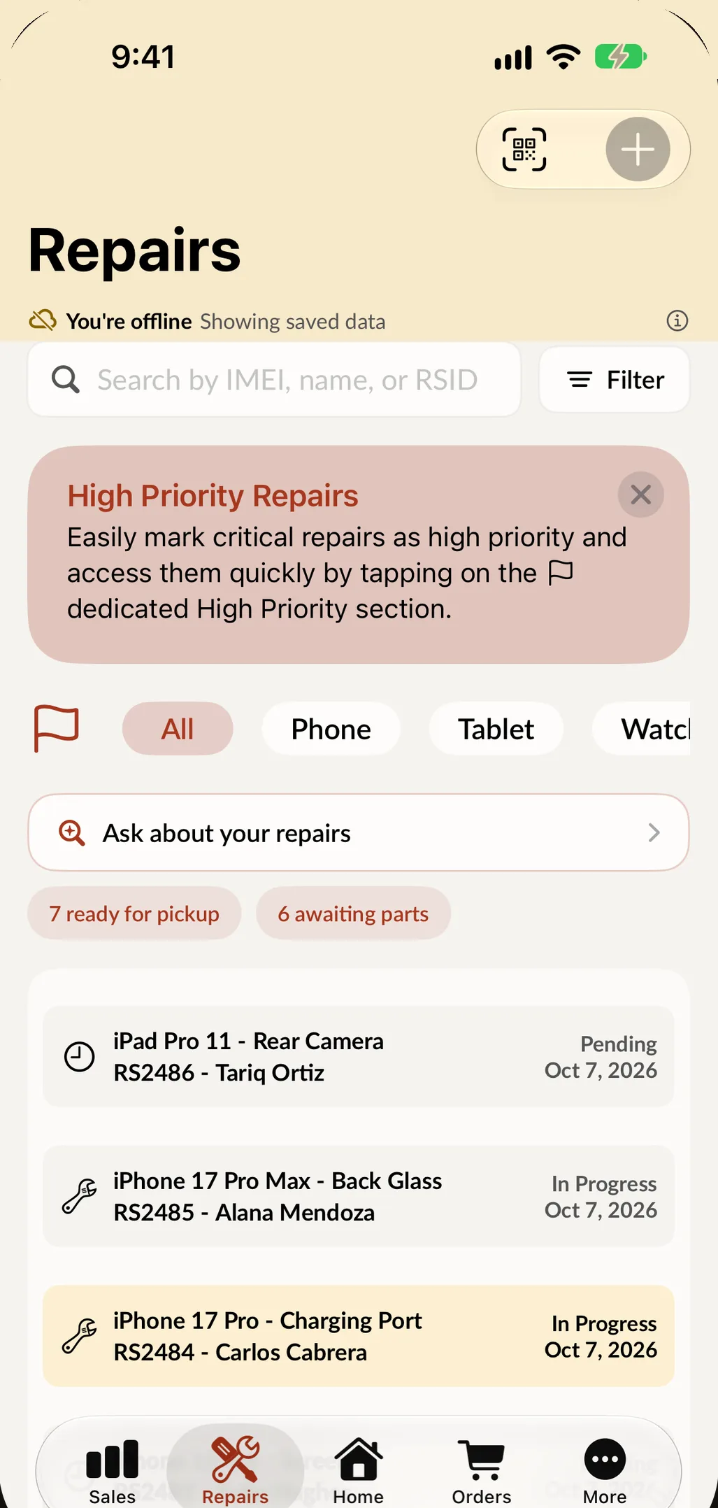 The Repairs screen on iPhone while offline: a notice says You're offline, showing saved data, and the list of repairs is still there.