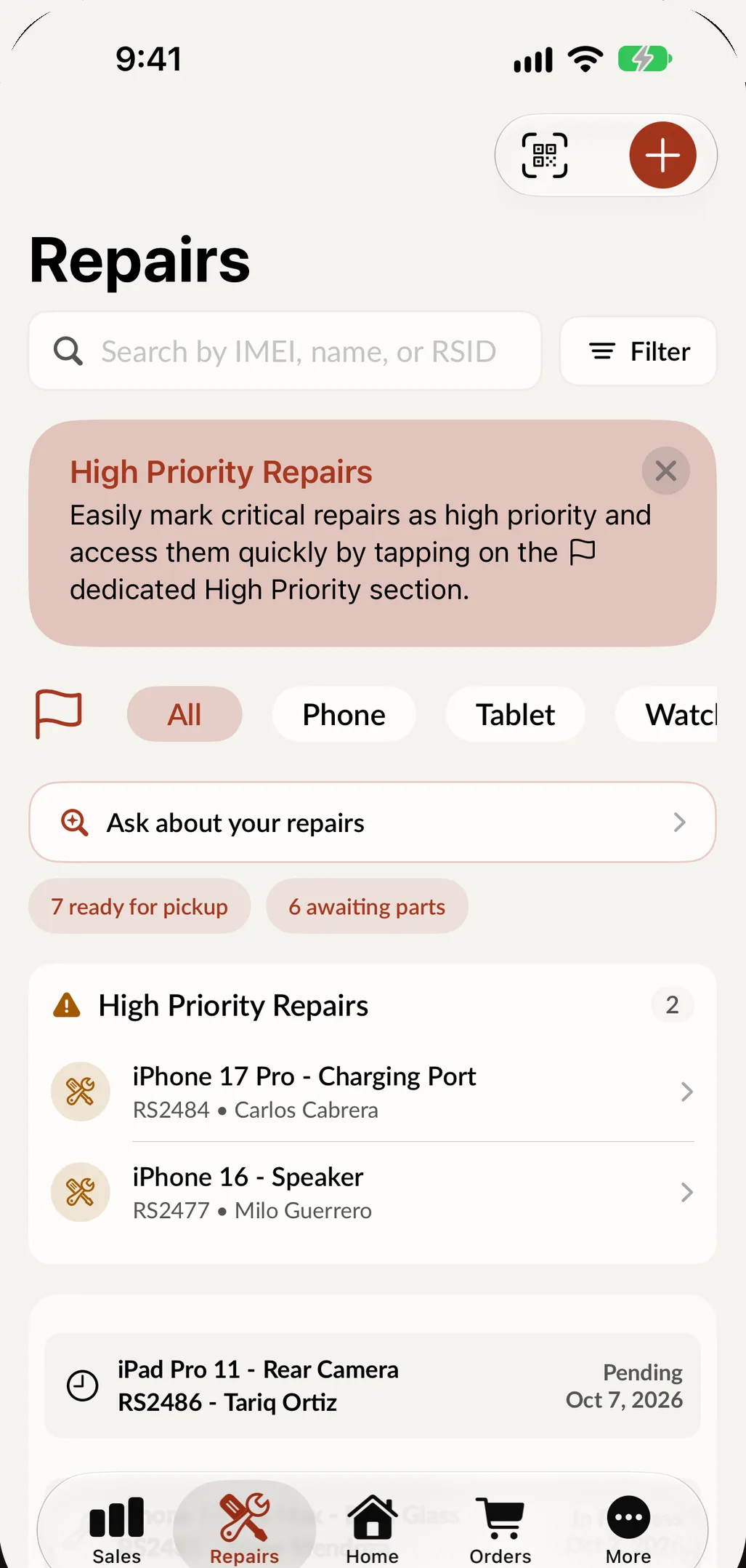 The Repairs screen on iPhone: search, device filters, high priority repairs and the list of open tickets.