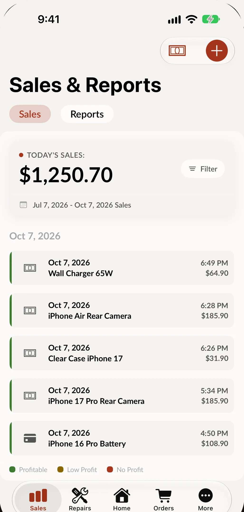 Sales and Reports on iPhone: today's sales total and the list of today's sales.