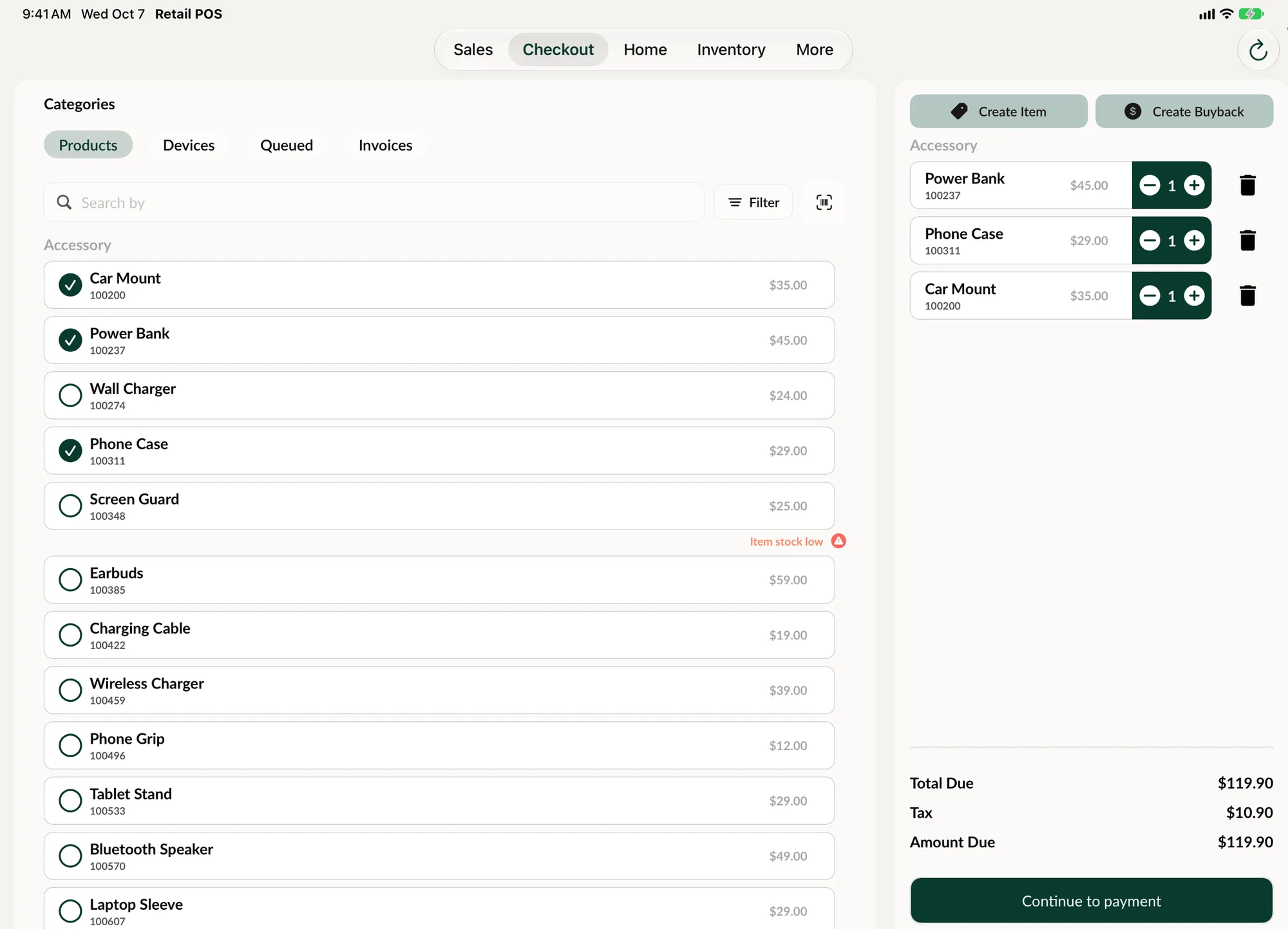 Checkout in SpotsPOS Retail on iPad: products to choose on the left and the sale with its total on the right.