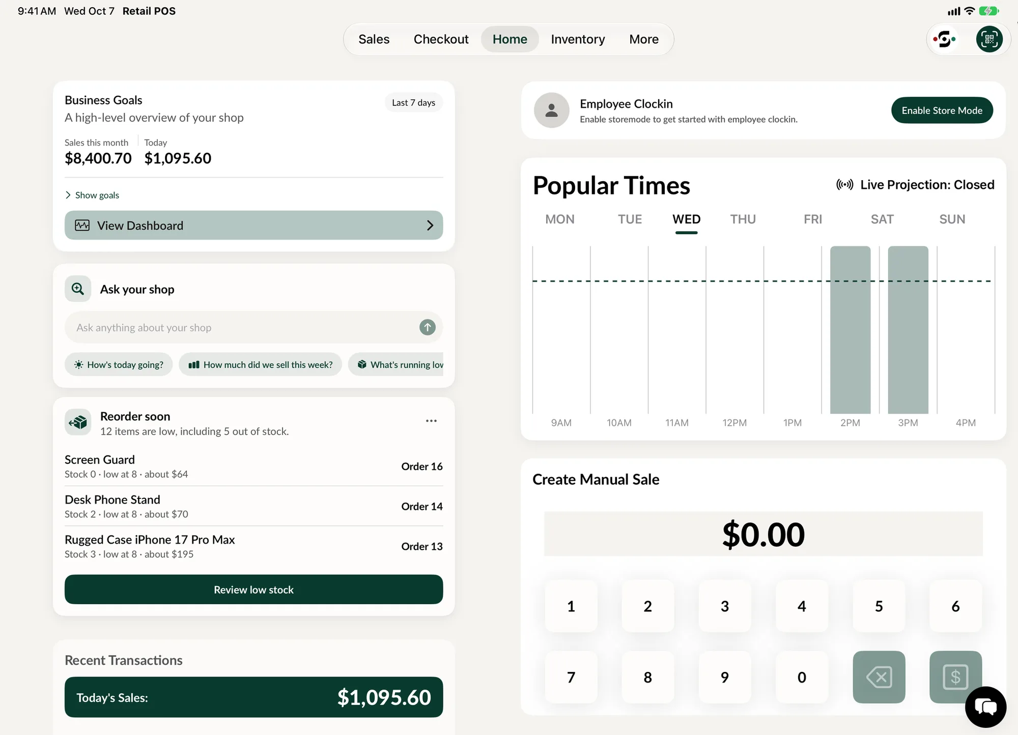 SpotsPOS Retail home screen on iPad: sales goals, Ask your shop, a reorder reminder, Popular Times and a manual sale keypad.
