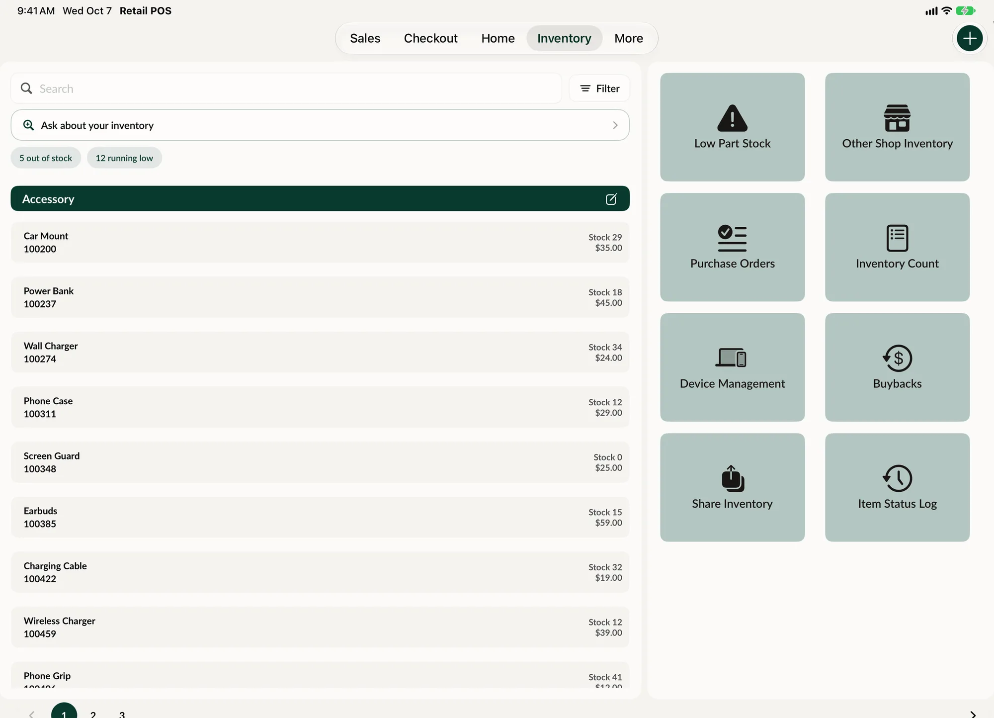 Inventory in SpotsPOS Retail on iPad: the item list with stock counts beside shortcuts for low stock, purchase orders and counts.
