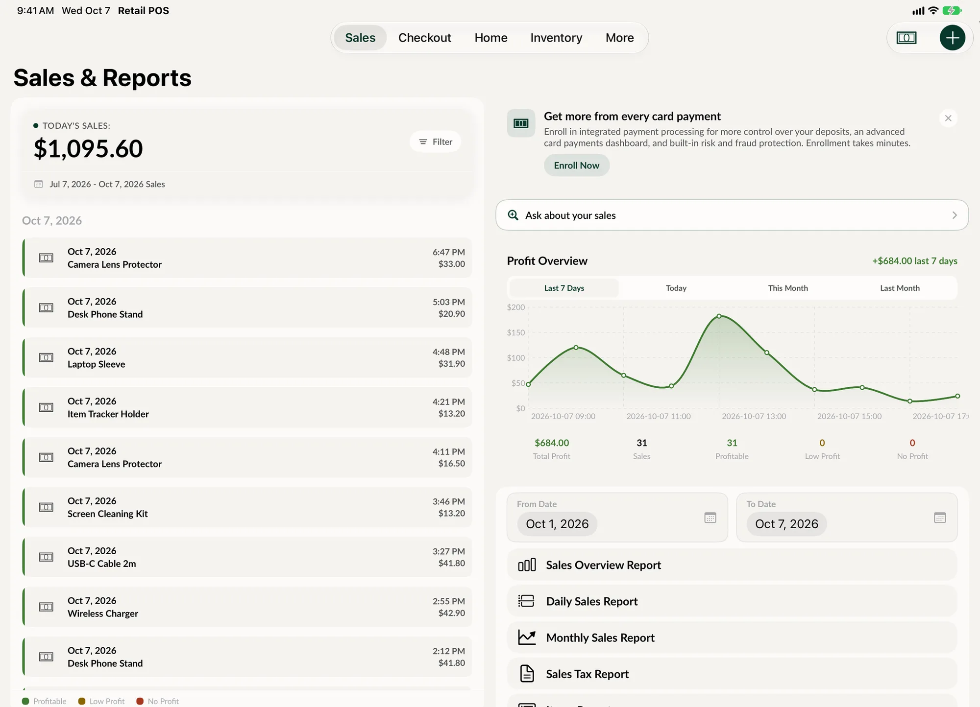 Sales and Reports in SpotsPOS Retail on iPad: today's sales, a profit overview chart and the list of reports.