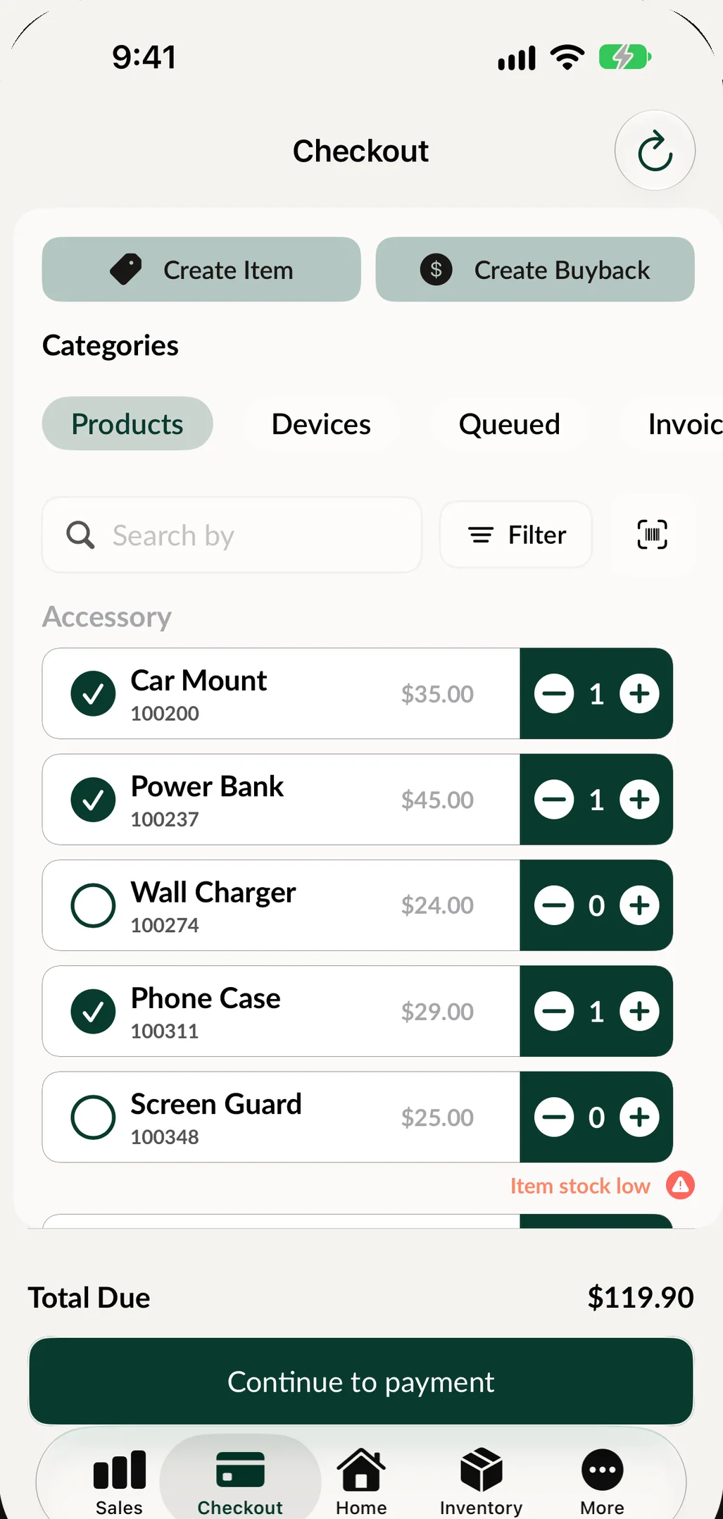 Checkout in SpotsPOS Retail on iPhone: products with quantity buttons and Continue to payment.