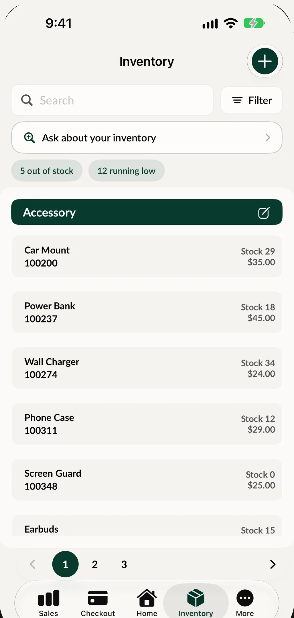 Inventory in SpotsPOS Retail on iPhone: 5 out of stock and 12 running low above the list of items with stock and price.