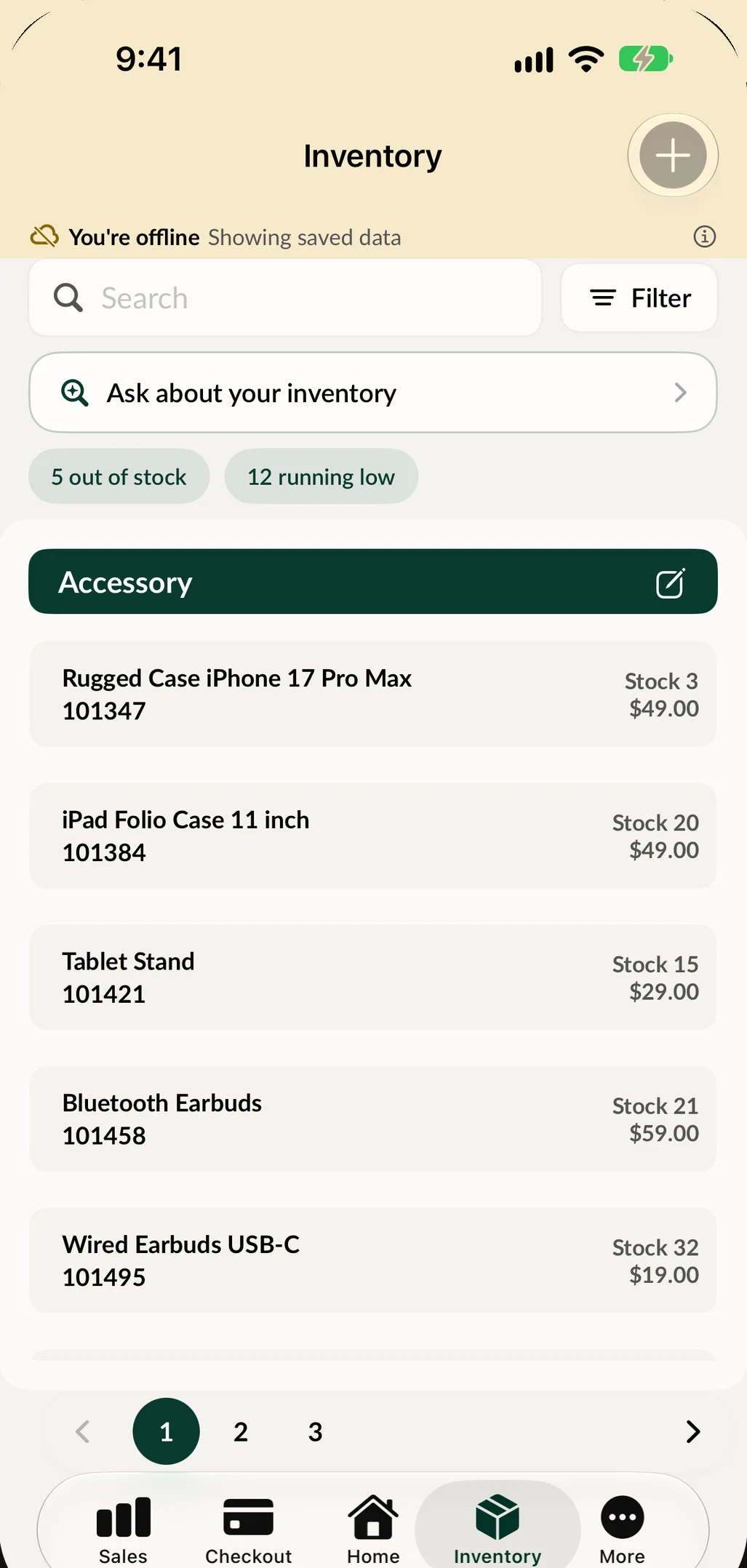Inventory in SpotsPOS Retail on iPhone while offline, showing saved items.