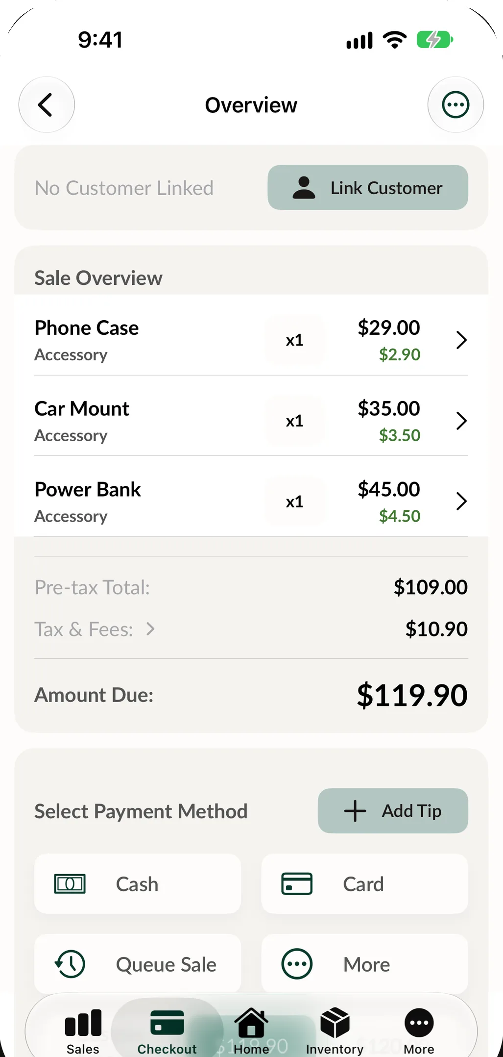 Taking payment in SpotsPOS Retail on iPhone: the sale overview, amount due and payment methods.